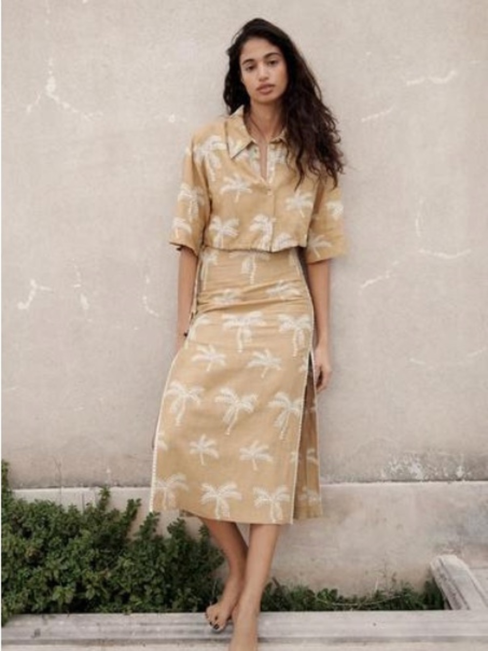 Zara embroidered palm tree linen blend shirt and skirt